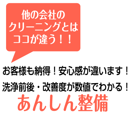 あんしん整備 他の会社のクリーニングとはココが違う!!お客様も納得!安心感が違います!洗浄前後・改善度が数値でわかる!